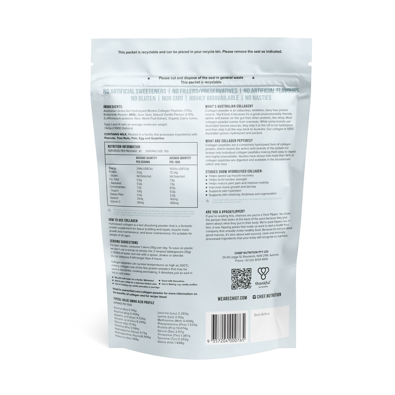 Grass-fed Collagen Protein Powder - Creamy Vanilla (30 serves)